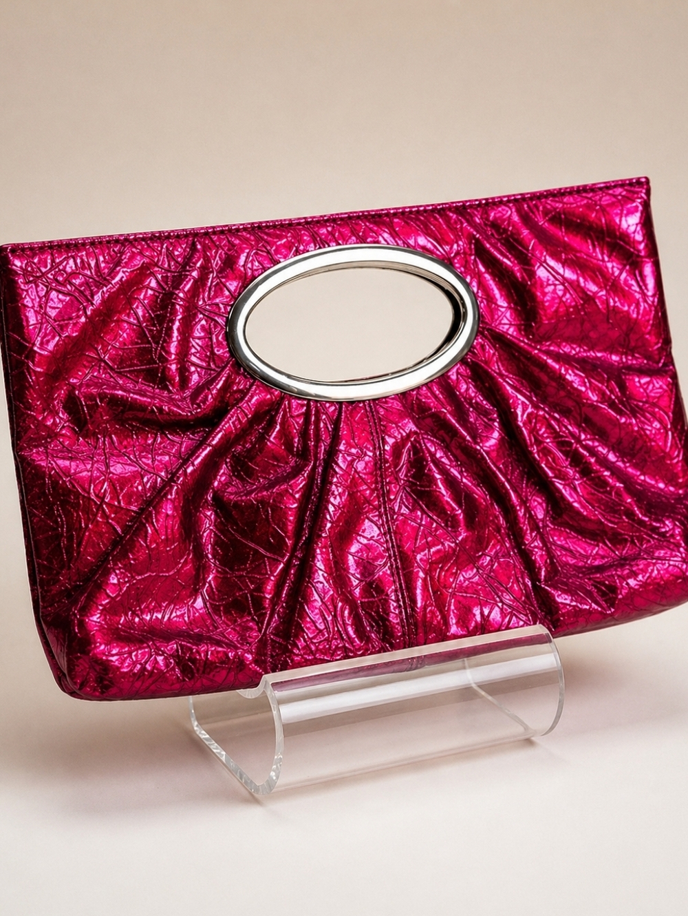 Express Y2K Red Shimmer Patent Faux Leather Disco Glam Ruched Evening Clutch OS